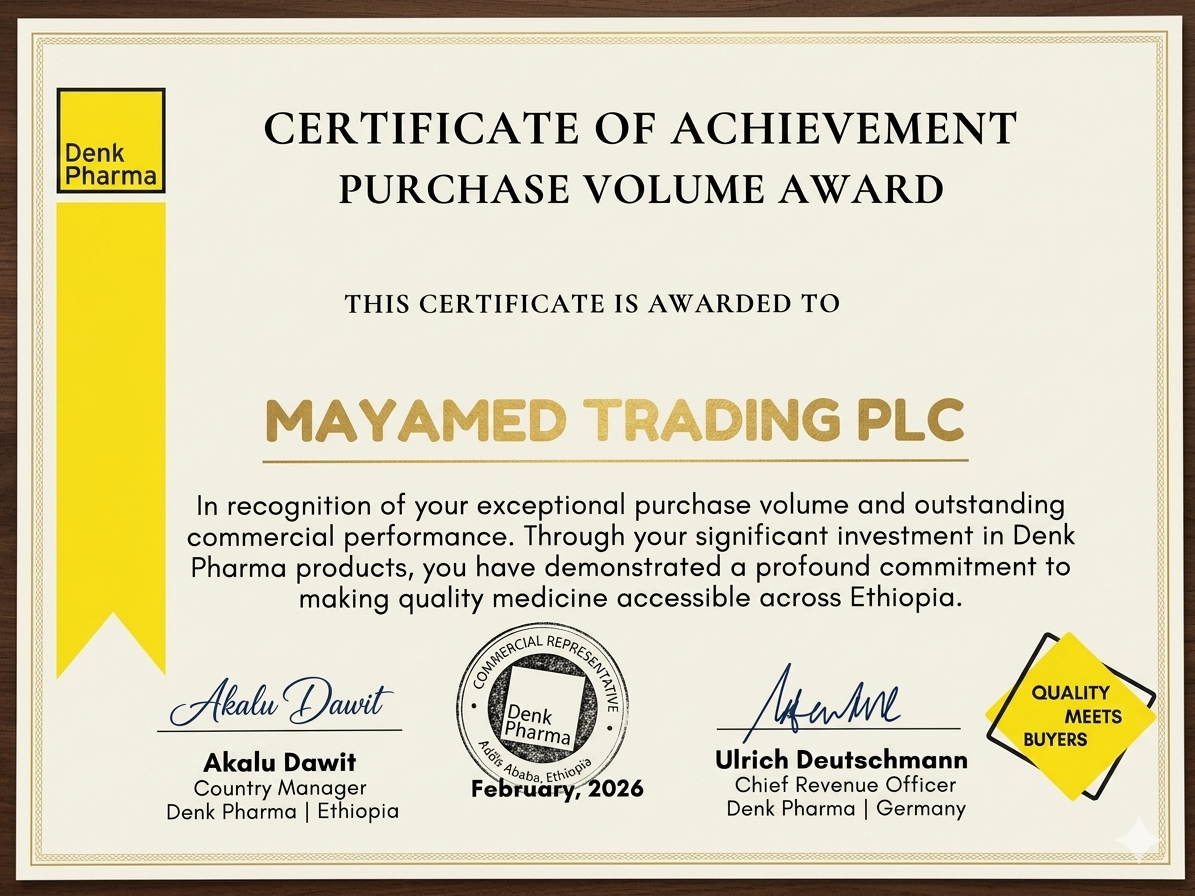 Denk Pharma Certificate of Achievement — Purchase Volume Award presented to MayaMed Trading PLC, February 2026