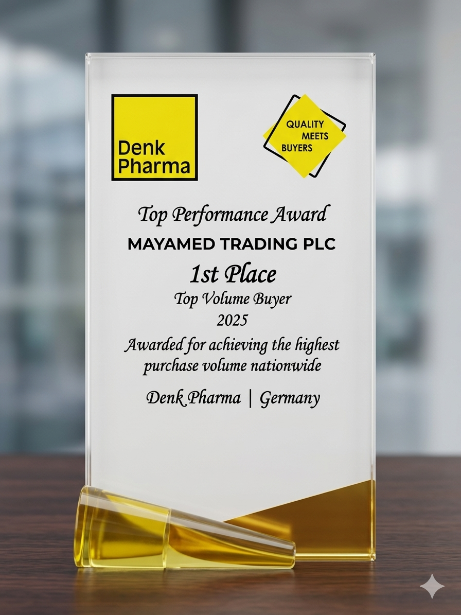 Denk Pharma Top Performance Award trophy — 1st Place Top Volume Buyer 2025 awarded to MayaMed Trading PLC