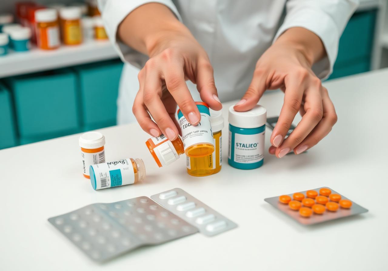 Pharmacist organizing medicine bottles